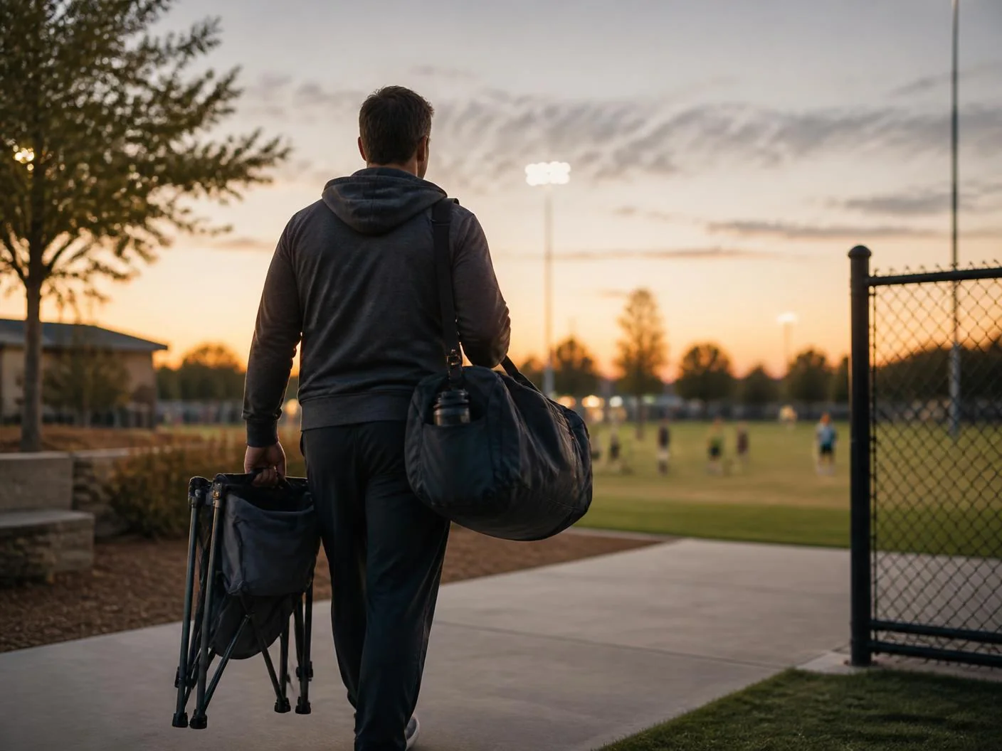 Parent carrying gear to practice