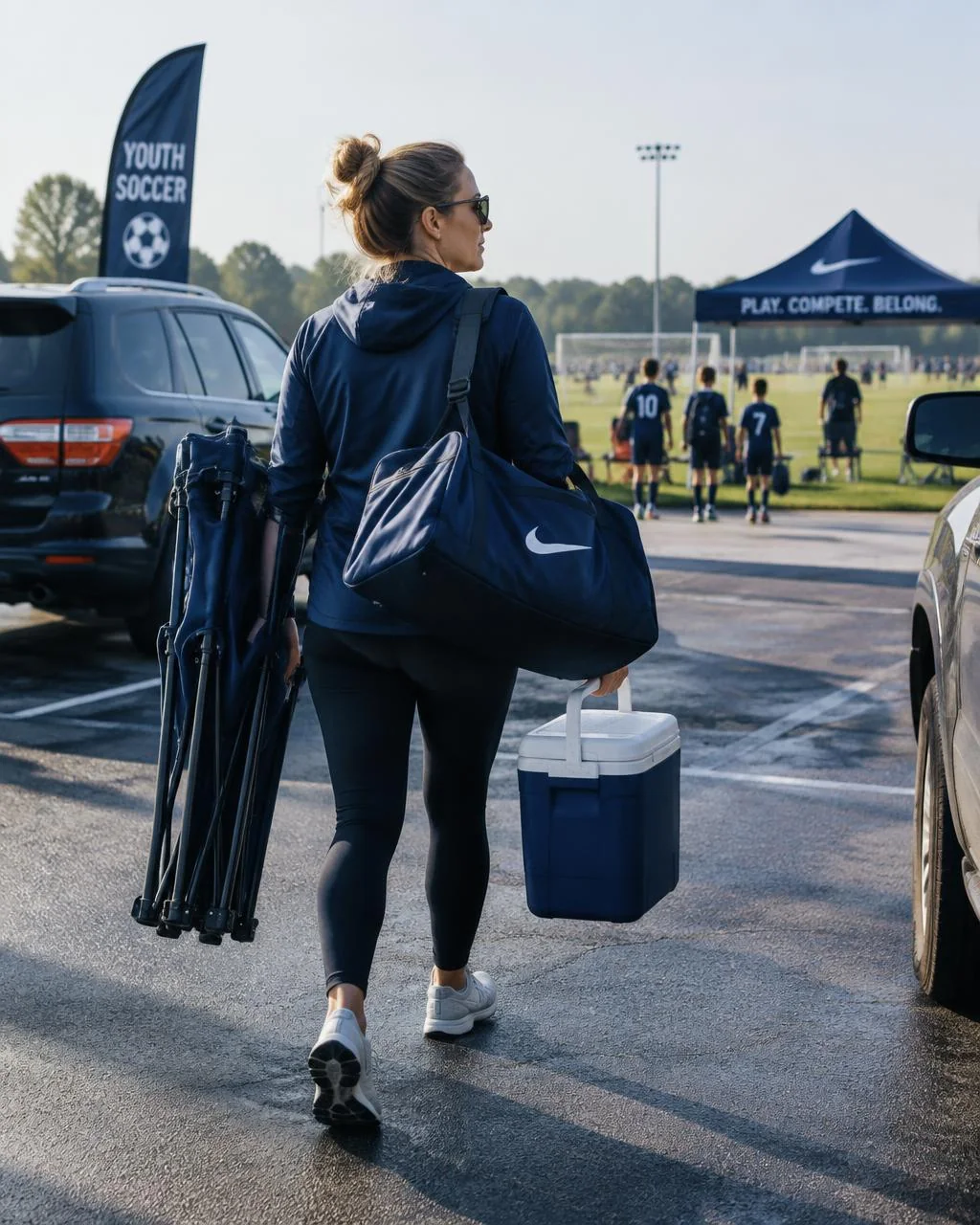 Parent carrying chairs, cooler and bag on the road